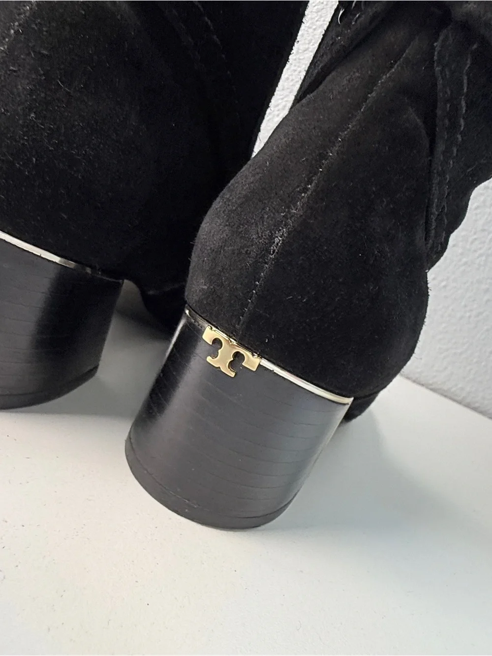 Tory Burch Black Suede leather Over The Knee Boots Gold Logo Block Heel 7.5